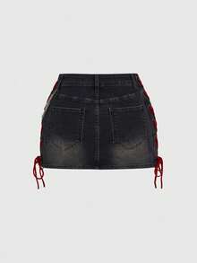 ROMWE Street Life Sexy Valentine's Day LOVE Patch Heart Denim Mini Skirt, Spring/Summer - Black - View 2