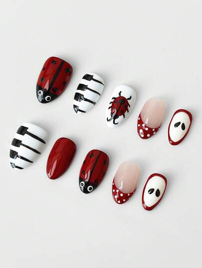 ROMWE Anime 10 片可爱昆虫花朵钢琴键苹果手工假指甲贴 + 3 片双面胶带，Y2K 法式红黑撞色可拆卸杏仁形指甲，可重复使用的亮面指甲油按压式指甲，四季皆宜，适合节日派对、舞会和日常佩戴。