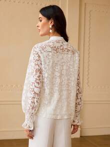 ZEYLAH Women's Cutout Long Sleeve Single-Breasted Elegant Mandarin Collar Blouse - White - View 4