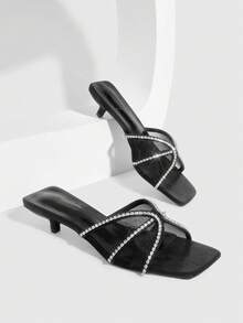 CUCCOO SZL Fashionable Square Toe Kitten Heel Black Mesh Rhinestone Chain Slip-On Open Toe Dress Sandals, Stylish & Elegant Women's Mid-Heel Mules - Black - View 2