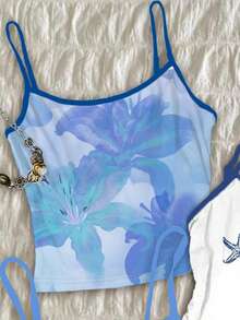 3pcs/Set Tween Girls' Chill Vacation Style Tropical Hibiscus, Blue Hibiscus, Blue Starfish & Seashell Print Camisole Tops, Suitable For Summer Vacation, Outing, Cozy Spring And Summer Styles - Multicolor - View 3