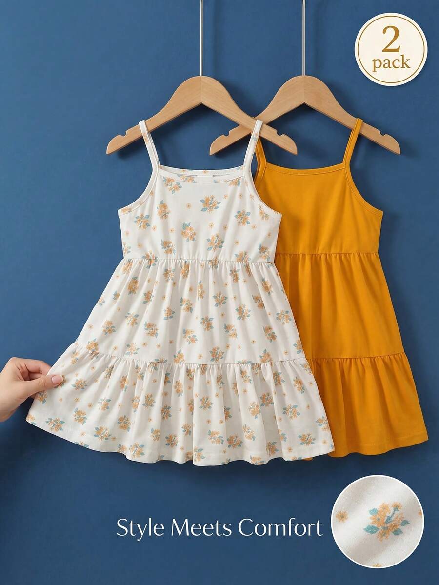 Baby Girl Ruffled Hem Casual Strap Dress - Multicolor - View 1