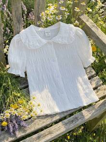 Blusa de niña con cuello Peter Pan de unicolor y ribete de encaje - Multicolor - Ver 8