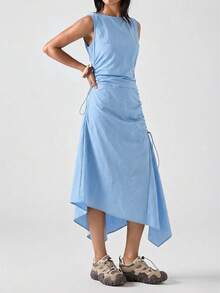 LYSMO 2026新款简约春季女式户外蓝色圆领无袖荷叶边不对称下摆休闲中长连衣裙，适合外出、返校、毕业典礼、街头休闲穿着，女士休闲连衣裙 - 藍色 - 查看 4