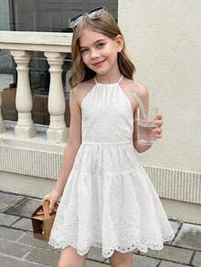 Serisse Kids 少女休闲/春夏白色刺绣露背吊带连衣裙，适合青少年女孩，白色毕业礼服，夏季服装，太阳裙，波西米亚风，度假连衣裙 - 白色 - 查看 6