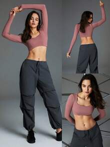GLOWMODE Ribbed Modal Square Neck Long Sleeve Ultra Crop Top With Thumbhole - Dusty Pink - View 8