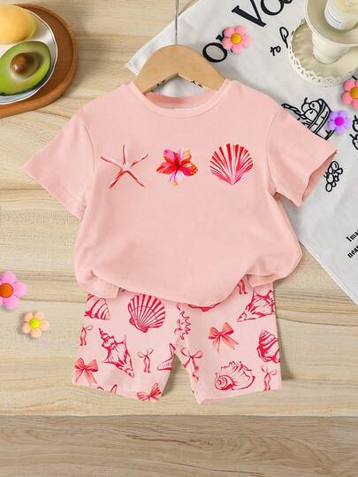 SHEIN 2pcs/Set Baby Girls' Casual Loose Round Neck Short Sleeve T-Shirt With Cute Sea Creature, Shell, Bow Print And Fitted Bike Shorts, Suitable For Spring/Summer, Casual, Beach, Weekend, Adorable Summer Outfit, Korean Style, Summer Outerwear, Baby Girl Summer Clothes, Baby Girl Shell Set, Baby Girl Beach Set