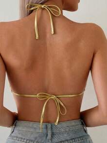 Swim SXY Women's Sexy European & American Style Music Festival Party Bold & Summer Beach Casual Vacation Basic Gold Foil Fabric Halter Micro Triangle Cutout Open Back Bikini Top, Perfect For Spring Break, Back To School, Oktoberfest, Music Festivals, Spring Promotion, Seaside Vacation And Party Swimwear - Gold - View 2