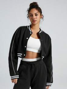 GLOWMODE Everyday Fleece Button Boxy Baseball Sports Jacket Daily Lounge Cropped Length - Black - View 6