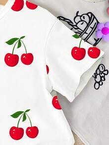 SHEIN 1 Set Toddler Girls' Sweet Cute Cherry Fruit Pattern Vacation Style Printed Short Sleeve Round Neck T-Shirt And Shorts Suitable For Spring To Summer - Multicolor - View 4