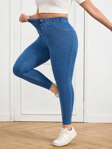 SHEIN Tall CURVE Quần jean skinny cạp cao ôm sát, co giãn, màu xanh denim dành cho nữ cỡ lớn, có túi, thích hợp cho thể thao và du lịch. Quần jean cạp cao ôm sát, dáng suông, dành cho nữ cỡ lớn, đã qua xử lý giặt, dành cho nữ. - Rửa trung bình - Xem 6