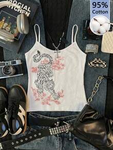 Attitoon 女士虎纹印花休闲吊带背心，95%棉，百搭 - 白色 - 查看 6