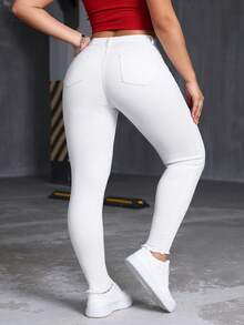 SHEIN Jeanoir Quần jean denim nữ cỡ lớn, có túi và cúc, kiểu dáng rách, thoải mái, đa năng, thích hợp mặc hàng ngày. - trắng - Xem 4