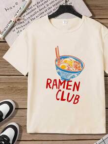 少女拉面印花短袖T恤，休闲舒适，适合春夏穿着，百搭街头风，适合户外活动、野餐、摄影、居家、上学、节日庆典等场合，也是馈赠佳品。 - 白色 - 查看 4