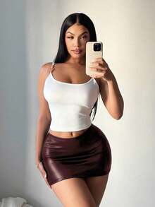 SHEIN SXY 女士休闲性感PU紧身低腰裙，适合秋冬季 - 酒紅色 - 查看 7