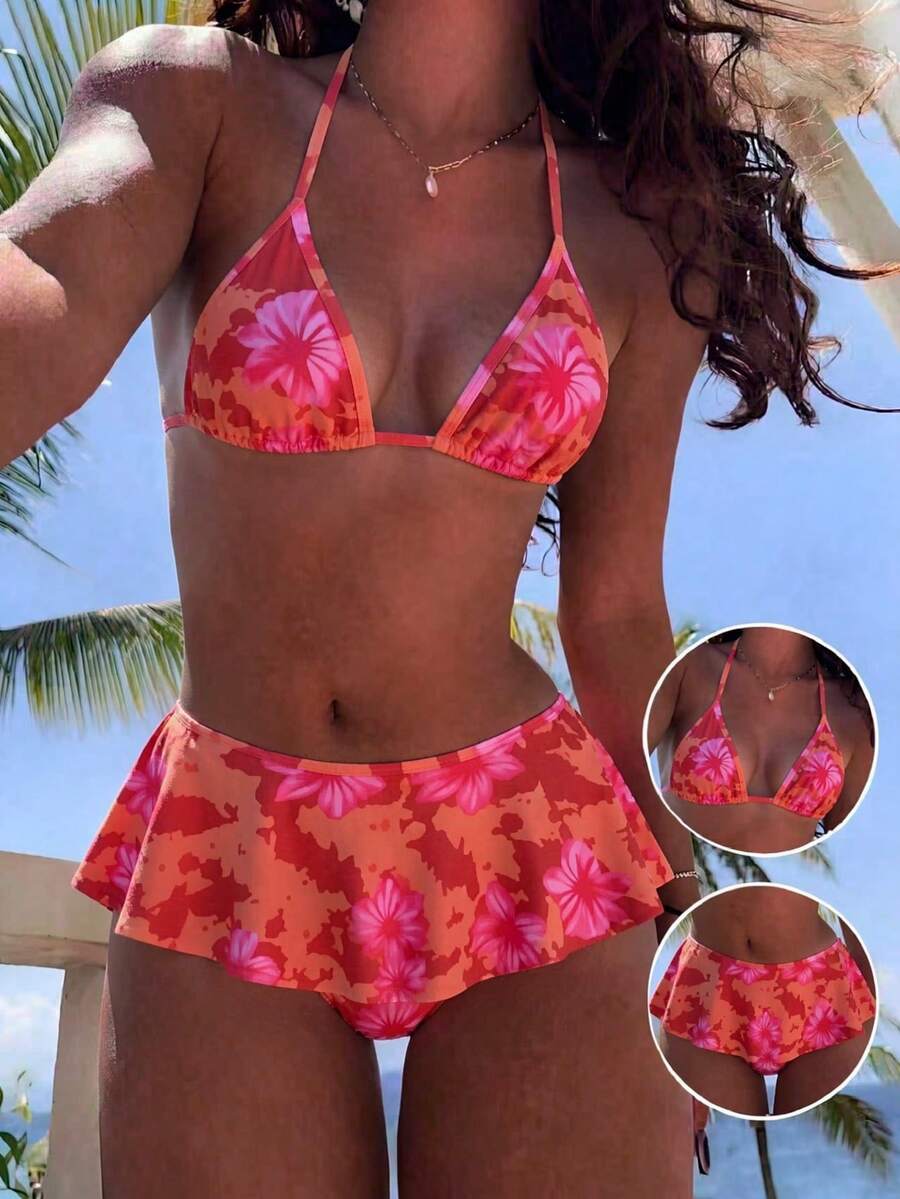 Swim Vcay 2026 橙色碎花吊带随机印花侧开衩连体裤半身裙女士比基尼泳装两件套 - 彩色 - 查看 1
