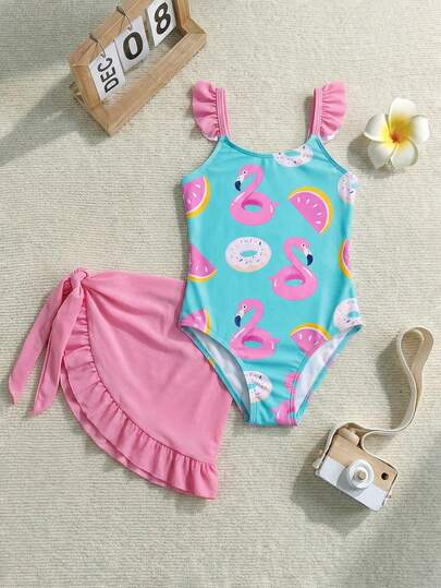 Conjunto de 2 piezas de traje de baño de una sola pieza con estampado de flamenco y donut para niña en vacaciones de playa