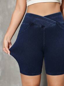 SHEIN Tall Women's High Waist Pocketed Casual Versatile Daily Wear Denim Shorts - Dark Wash - View 5