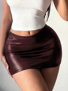 SHEIN SXY 女士休闲性感PU紧身低腰裙，适合秋冬季 - 酒紅色 - 查看 4