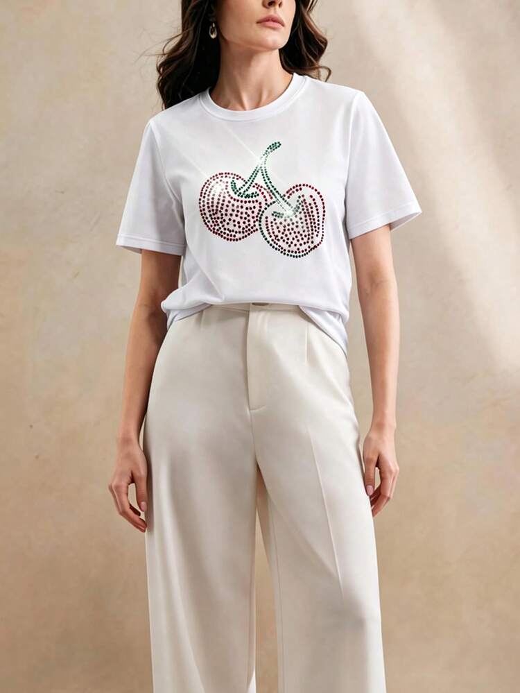 Women's Round Neck Rhinestone Cherry Pattern Casual Versatile Daily Wear Short Sleeve T-Shirt