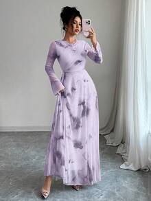Modelyn Elegant Women's Mauve Purple All Over Print Round Neck Long Sleeve Flared A Line Long Dress - Mauve Purple - View 6