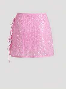 Lyxana Slit Bowknot Sequin Material Vacation Skirt - Pink - View 2