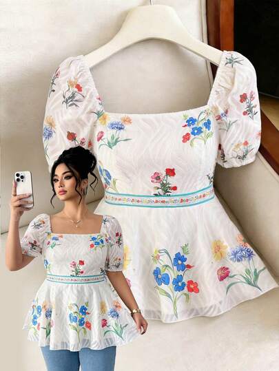 Elenzga Plus Size Women Elegant Square Collar Floral Print Ruffle Hem Waist Cinched Puff Sleeve Short Sleeve Blouse, Vacation Style