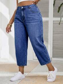 SHEIN PETITE CURVE Summer Plus Size PETITE CURVE Casual Washed High Waist High Waisted Barrel Denim Pants For Women Cropped Wide Leg Baggy Casual Crop Jeans - Medium Wash - View 6