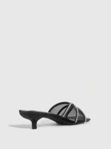 CUCCOO SZL Fashionable Square Toe Kitten Heel Black Mesh Rhinestone Chain Slip-On Open Toe Dress Sandals, Stylish & Elegant Women's Mid-Heel Mules - Black - View 8