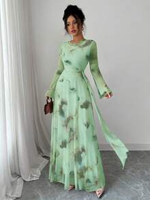 Modelyn Elegant Mint Green Long Sleeve A Line Maxi Dress For Women With Flared Hem And Plant Pattern Round Neck Garden Party Autumn - Green - View 4