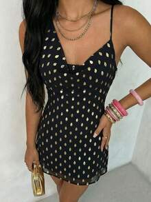 Glamine Sexy Shiny Polka Dot Bodycon Dress - Black and Gold - View 3