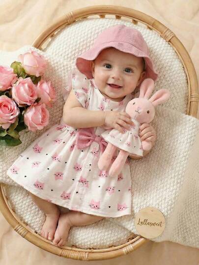 SHEIN 2pcs/Set Newborn Baby Girls Cute Cartoon Cat Print Sleeveless Dress And Hat, Lightweight Outfit For Daily Wear, Party, 1st Birthday, Spring/Summer New With Hat Baby Girl Dress Baby Girl Dress With Hat