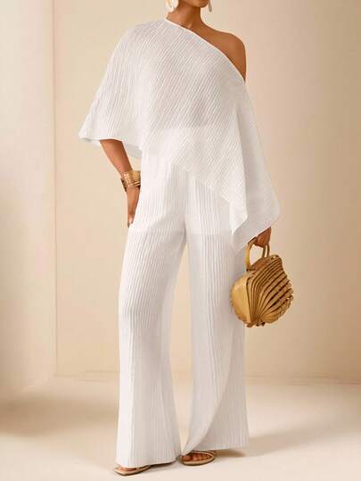 Vesra Women's Elegant Solid Color Asymmetric Neck Shirt And Pants 2 Pieces Set