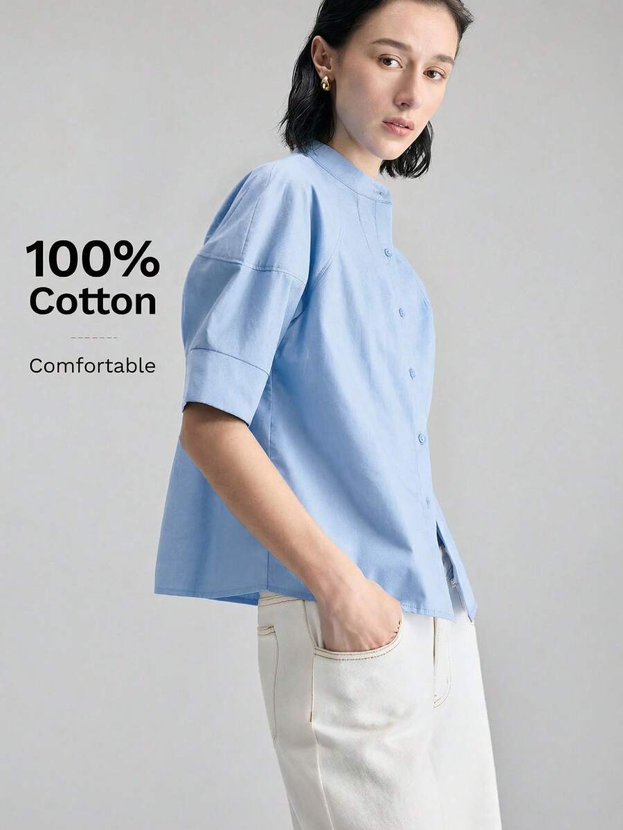 Ontre 2026春夏新款女士衬衫，梭织面料，花瓣袖，纽扣前襟，宽松版型，适合独立日、优雅办公装、教师装、休闲外出、下午茶、都市时尚、百搭通勤衬衫 - 藍色 - 查看 1