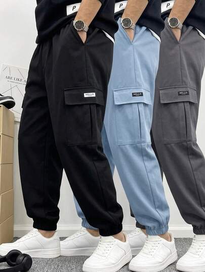 SHEIN 3件套儿童/青少年男童休闲运动口袋宽松抽绳纯色工装裤，适合通勤、上学、日常休闲、旅行、运动，春、夏、秋、冬皆宜。