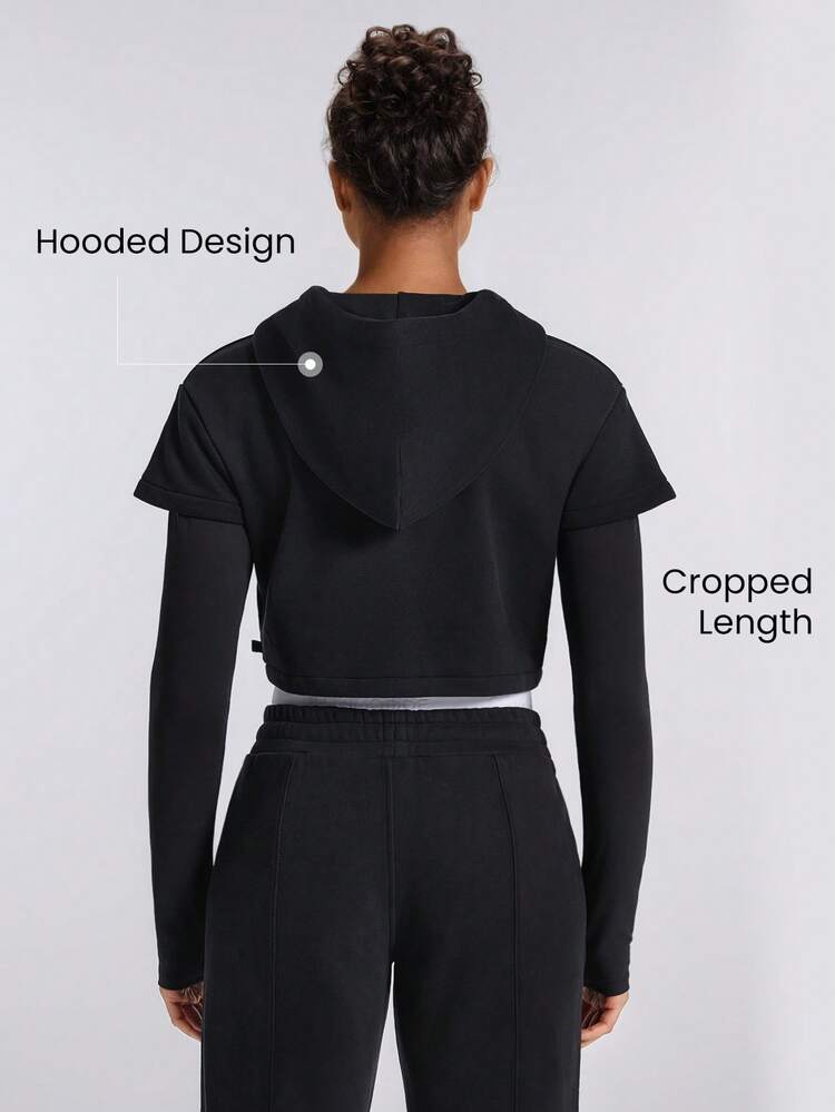 Everyday Terry 2-In-1 Drawstring Long Sleeve Cropped Hoodie Sweatshirt With Thumbhole
