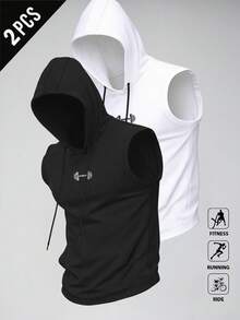 Manfinity Sport Corelite 2件装男士休闲印花抽绳连帽无袖T恤 - 黑色 - 查看 1