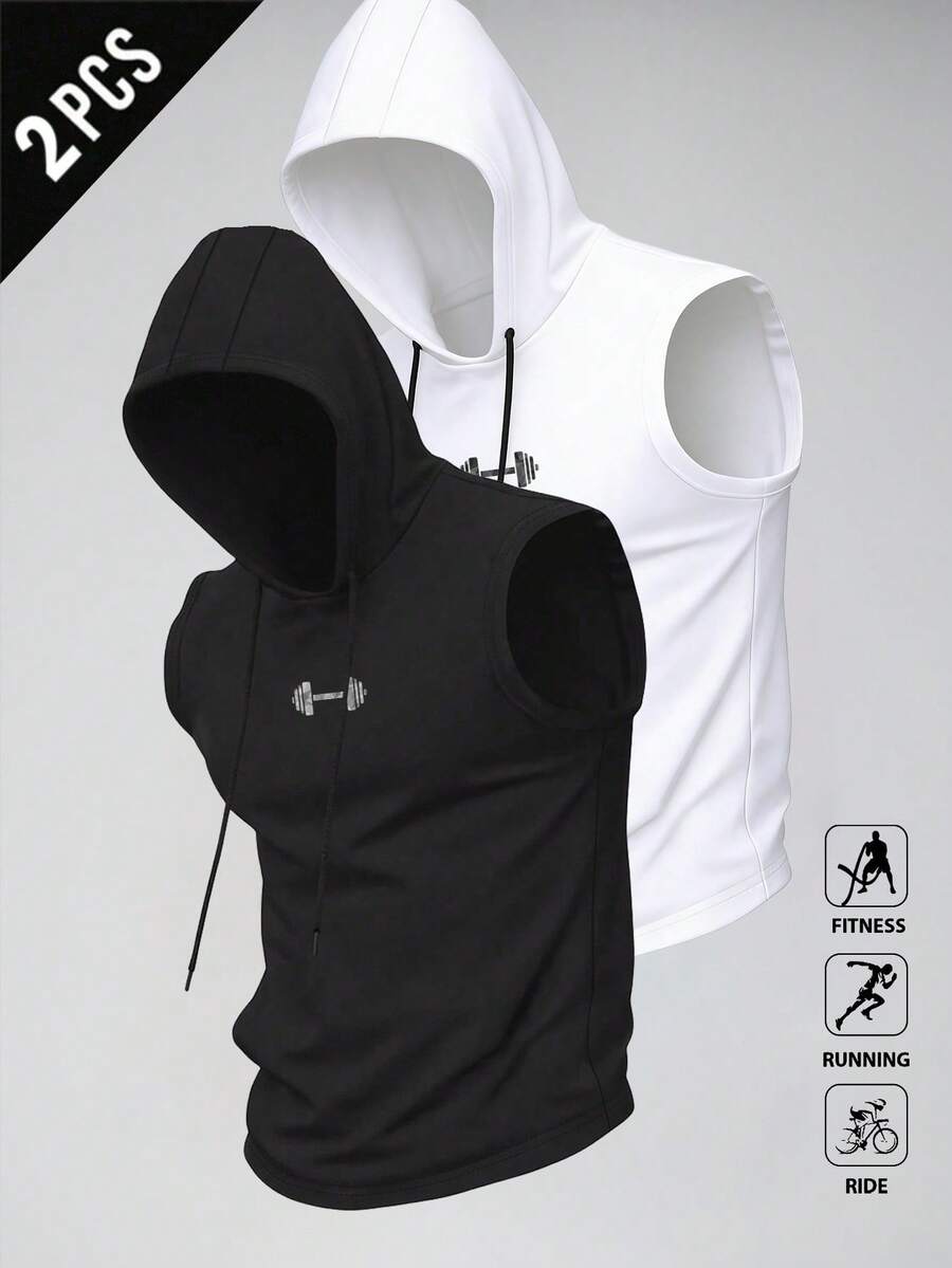 Manfinity Sport Corelite 2件装男士休闲印花抽绳连帽无袖T恤 - 黑色 - 查看 1