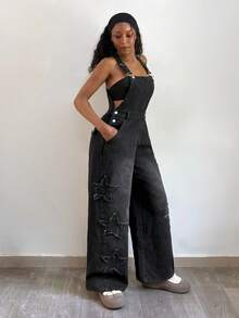 StreetHx Women's Fashion Pocketed Denim Bib Pants - Black - View 5