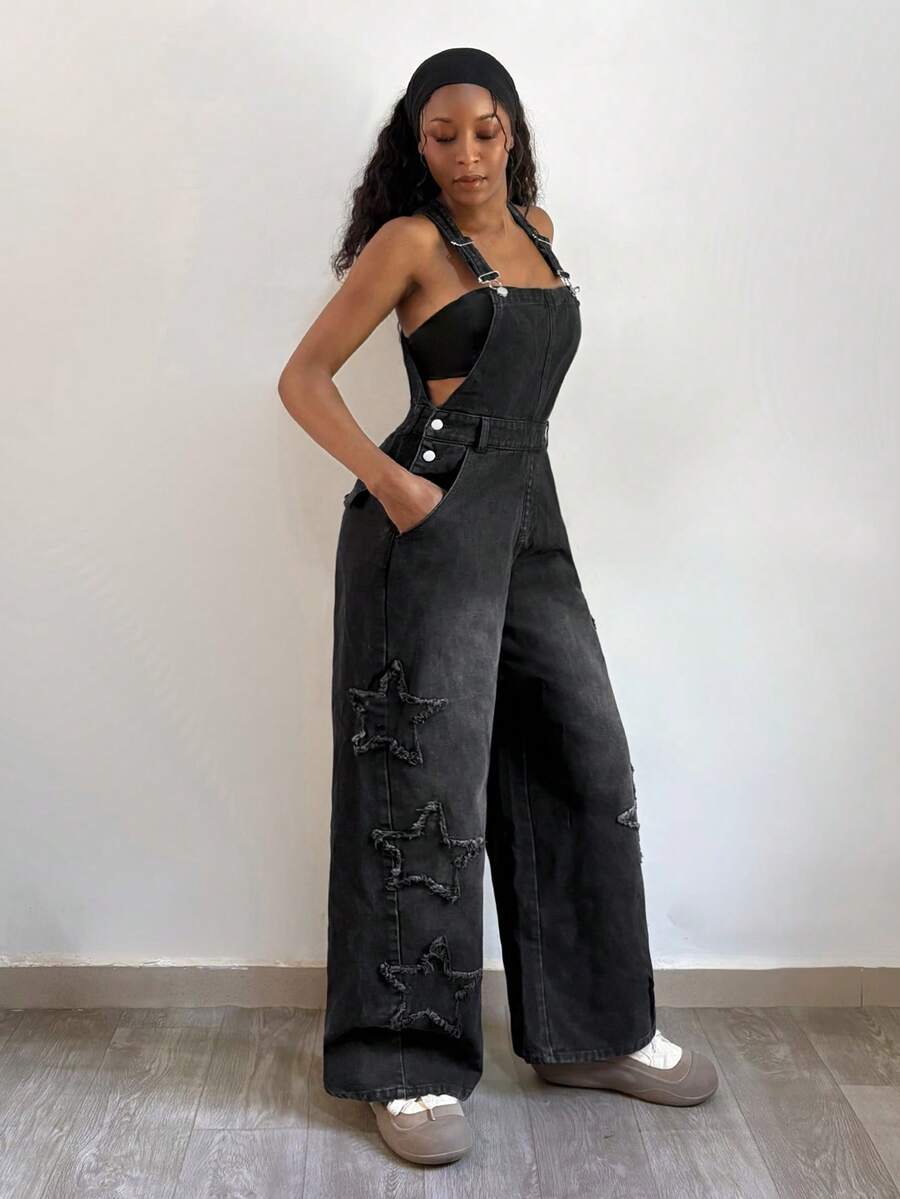 StreetHx 女士时尚带口袋牛仔背带裤 - 黑色 - 查看 1