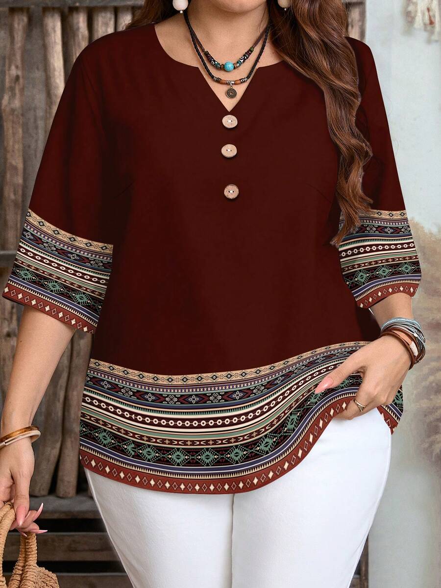 EMERY ROSE Camisa de mujer de manga corta con estampado retro - Multicolor - Ver 1