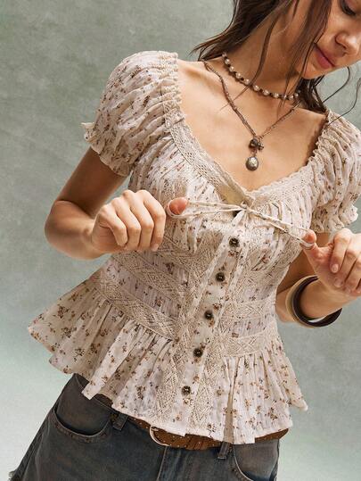 Bohemela Boho Ditsy Floral Square Neck Short Sleeve Blouse, Casual Summer Holiday Music Festival