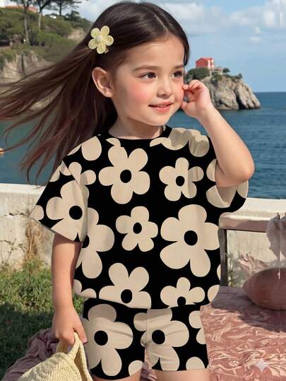 1 Set Baby Girls' Casual Cute Floral Print Short Sleeve Round Neck T-Shirt And Shorts Set, Suitable For Spring/Summer Outings