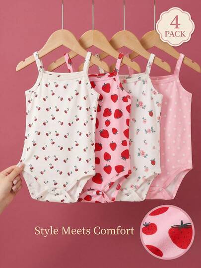 SHEIN Conjunto de 4 piezas de pelele informal con tirantes para bebé niña