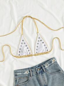 Swim SXY Women's Sexy European & American Style Music Festival Party Bold & Summer Beach Casual Vacation Basic Gold Foil Fabric Halter Micro Triangle Cutout Open Back Bikini Top, Perfect For Spring Break, Back To School, Oktoberfest, Music Festivals, Spring Promotion, Seaside Vacation And Party Swimwear - Gold - View 7