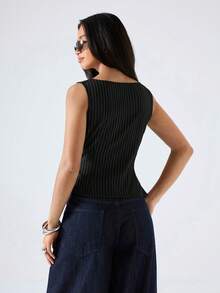 SHEIN EZwear 大码夏季休闲黑色条纹抽绳吊带背心，女士时尚无袖上衣，女士衬衫，休闲现代风格 - 黑色 - 查看 2
