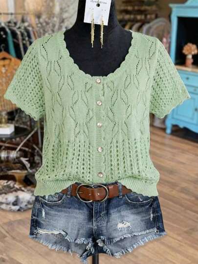 Linhara Plus Size Women Solid Color Knitted Round Neck Hollow Out Single-Breasted Short Sleeve Cropped Casual Lightweight Cardigan, Spring/Summer Women Casual Outfits Knitted Blouse For Women Womens Summer Outfits Women Spring Outfit Vintage Outfit For Women