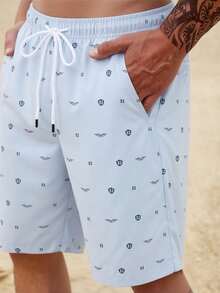 Manfinity RSRT 男士夏季休闲印花抽绳腰沙滩短裤 - 霧霾藍 - 查看 7