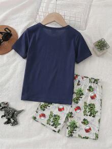 2件套幼儿男童休闲绿色像素恐龙街头风印花套装，圆领针织弹力面料T恤和短裤，春夏家居服 - 寶藍色 - 查看 2