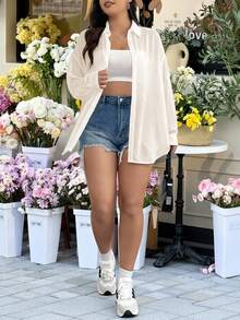 SHEIN EZwear 大码女式休闲透视宽松长袖开襟衬衫，适合夏季、秋季、上学、约会、下午茶、海滩、夏威夷、日常穿着 - 杏色 - 查看 4